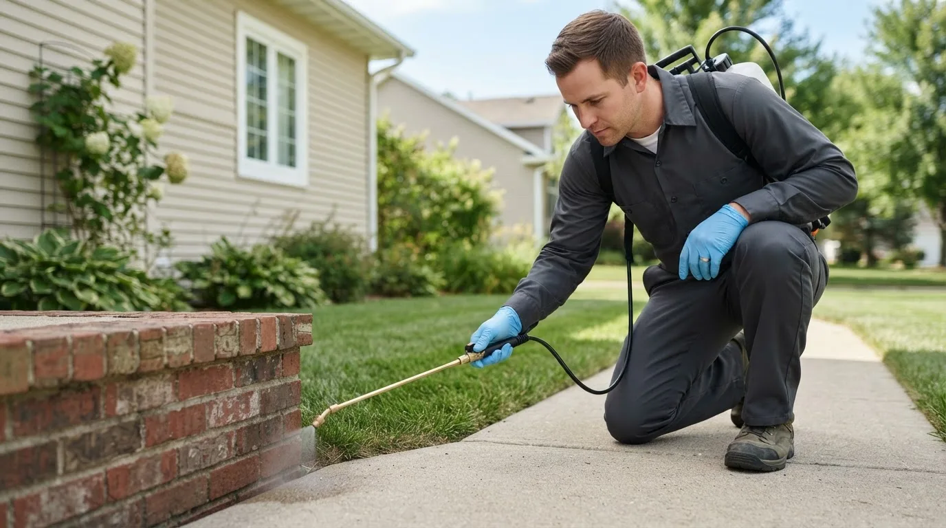 Pest control technician treating a home near Sodus Point, NY